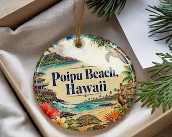 Poipu Beach Hawaii Ceramic Ornament, Watercolor Coastal Beach Scene Souvenir, Hawaiian Island Christmas Tree Decoration