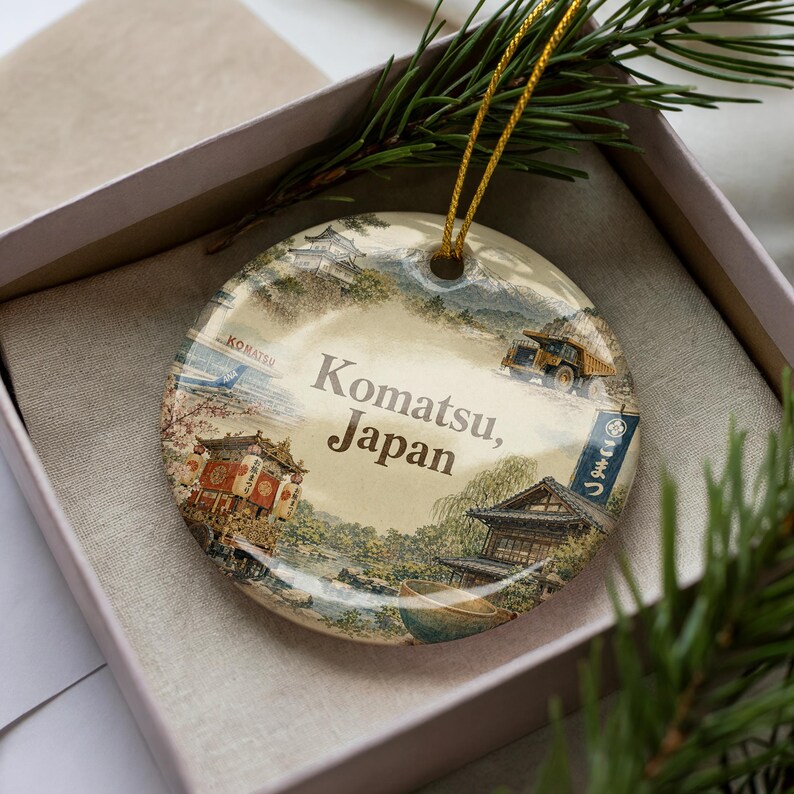 A decorative ornament in a box, featuring illustrations of various Japanese landmarks and scenery.