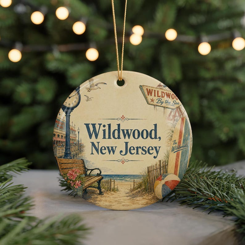 A round ornament with a beach scene and a bench, featuring the text "Wildwood, New Jersey" and a sign that says "Wildwood By the Sea".
