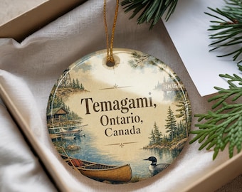 Temagami Ontario Canada Ceramic Ornament, Watercolor Temagami Lake Northern Ontario Travel Souvenir Christmas Tree Decoration