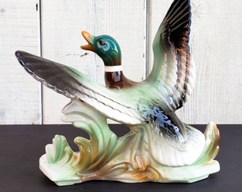 Vintage 1950s Signed Mallard Duck Ceramic Bird Figurine Ornament Mid Century Home Decor