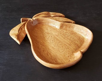 Vintage Solid Wood Carved Pear Shaped Wood Trinket Dish Folk Art Tray