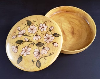 Vintage 70s Handmade Large Hand Painted Floral Ceramic Trinket Dish, Folk Art Floral Jewelry Box