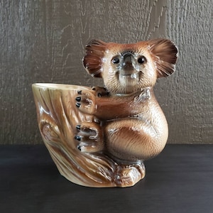 Vintage 70s Koala Ceramic Planter Ornament, Kitsch Australian Animal Figurine, Retro Home Decor