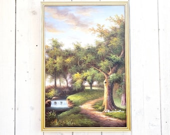 Vintage 38 "Original firmado pintura al óleo bosque paisaje arte enmarcado obra de arte
