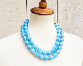 Vintage 1960s Pastel Blue Bead Double Strand Necklace Retro Womens Fashion Jewelry