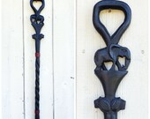 Vintage African Elephant Lion Carved Solid Wood Cane Black Brown Ornament Folk Art Walking Stick