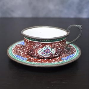 Antique Persian Minakari Enamel Floral Birds Tea & Coffee Cups Saucers Tray Set image 9