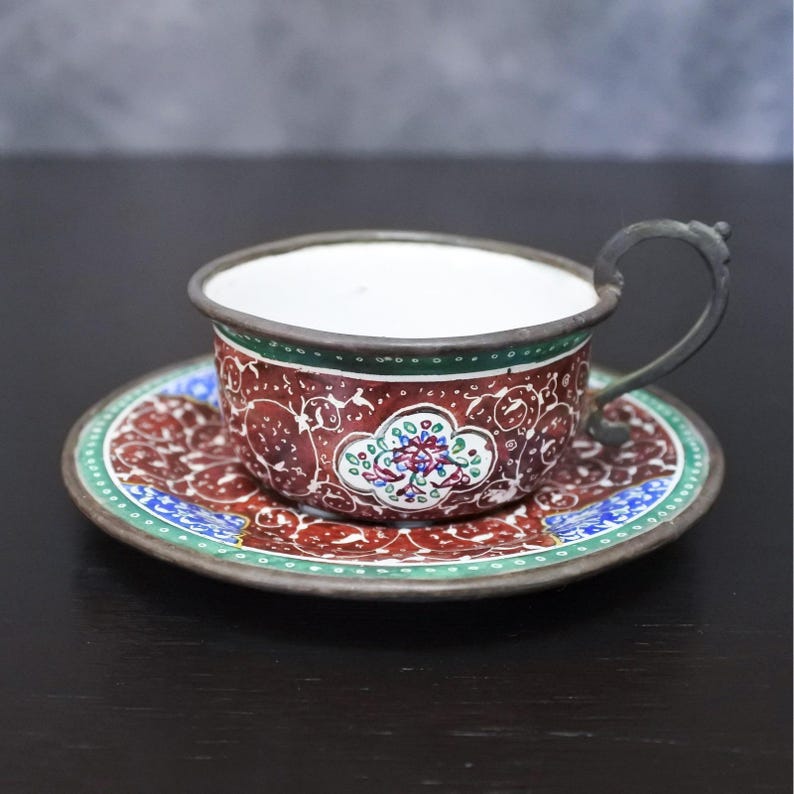 Antique Persian Minakari Enamel Floral Birds Tea & Coffee Cups Saucers Tray Set image 9