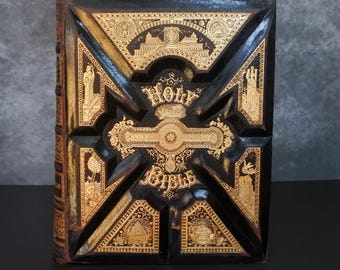 Antique 1895 Huge Victorian Ornate Leather Bound Illustrated Combination Bible