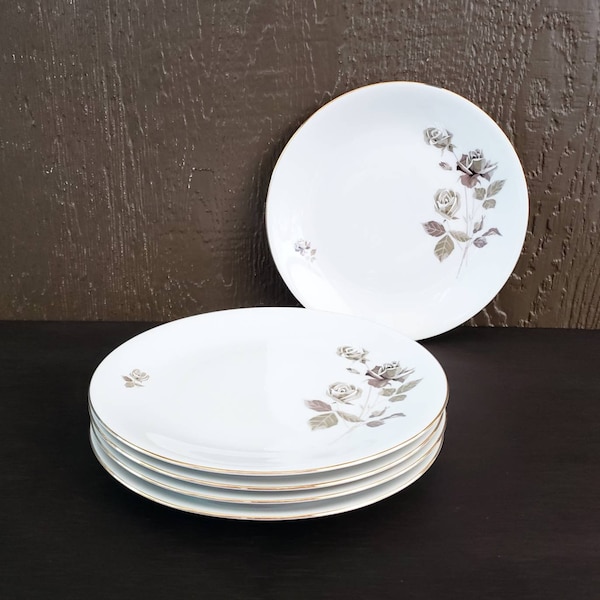 Vintage 60s 70s Hutschenreuther Arzberg Bavaria Germany Gray White Floral Porcelain Salad Plate Set x 5