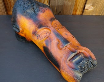 Vintage Hand Carved Large Wooden Tree Spirit Folk Art Head Sculpture, Forest Theme Handmade Decor, One of a Kind Art Object