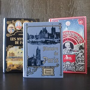 May include: Three vintage hardcover books with colorful covers. The book on the left is black with a gold design and the text "Eugeni Les Mys de Pa". The middle book is blue with a gold design and the text "Histoire de Paris Fernand Bournon". The book on the right is red with a gold design and the text "Les Extraordinaires Jules Verne La Hasse au Météore".