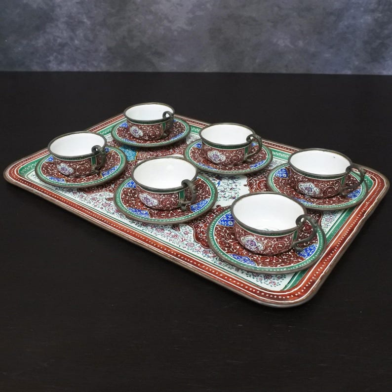 Antique Persian Minakari Enamel Floral Birds Tea & Coffee Cups Saucers Tray Set image 3