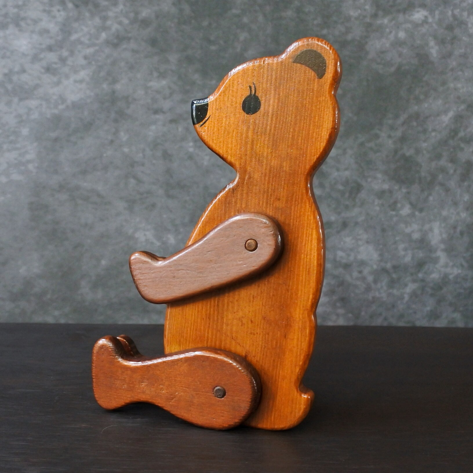 Vintage Handmade Wooden Teddy Bear Figure, Shabby Mid Century Children