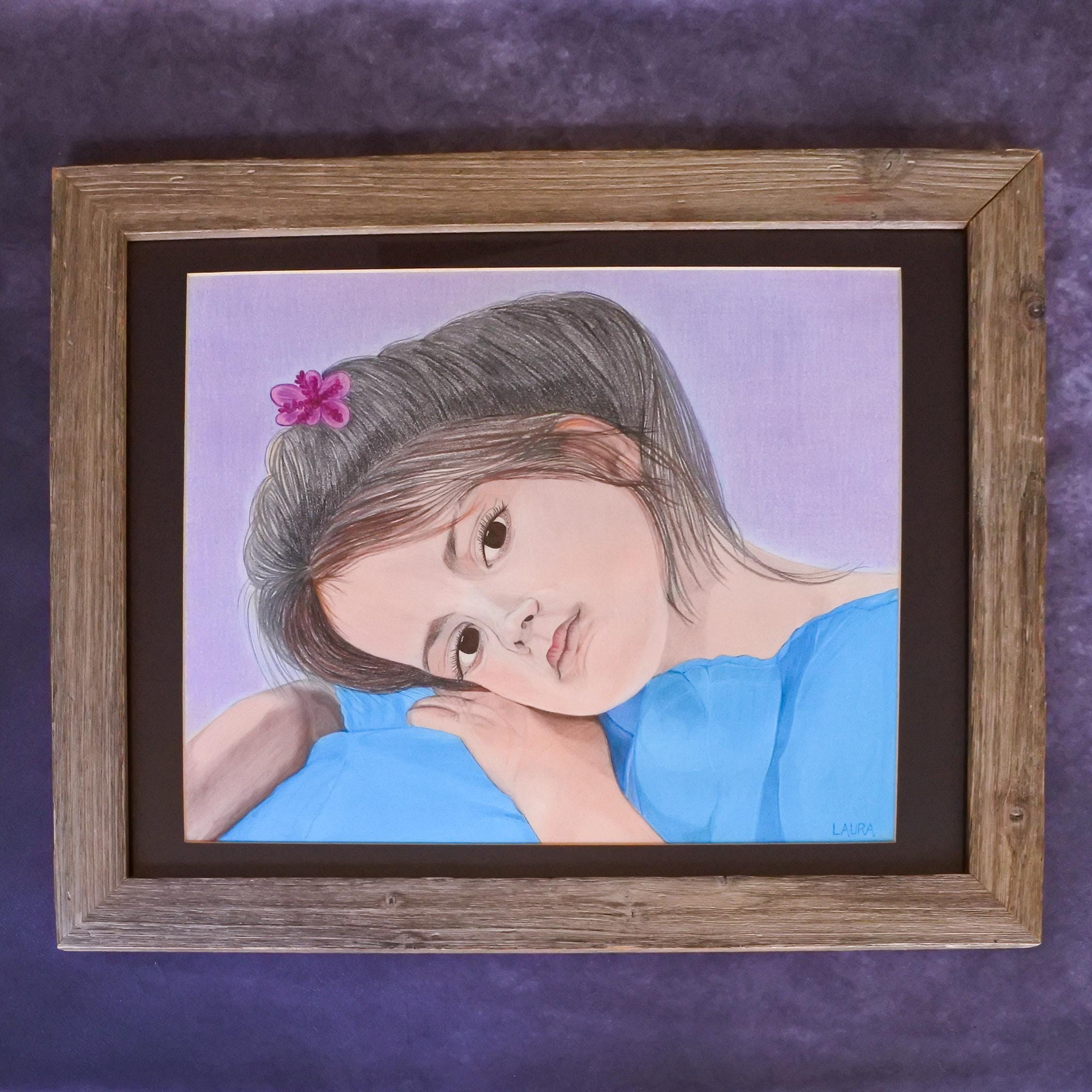 パステル画 アート作品 サイン入り ヴィンテージサイン入りオリジナルパステルガール子供の肖像画額入り
