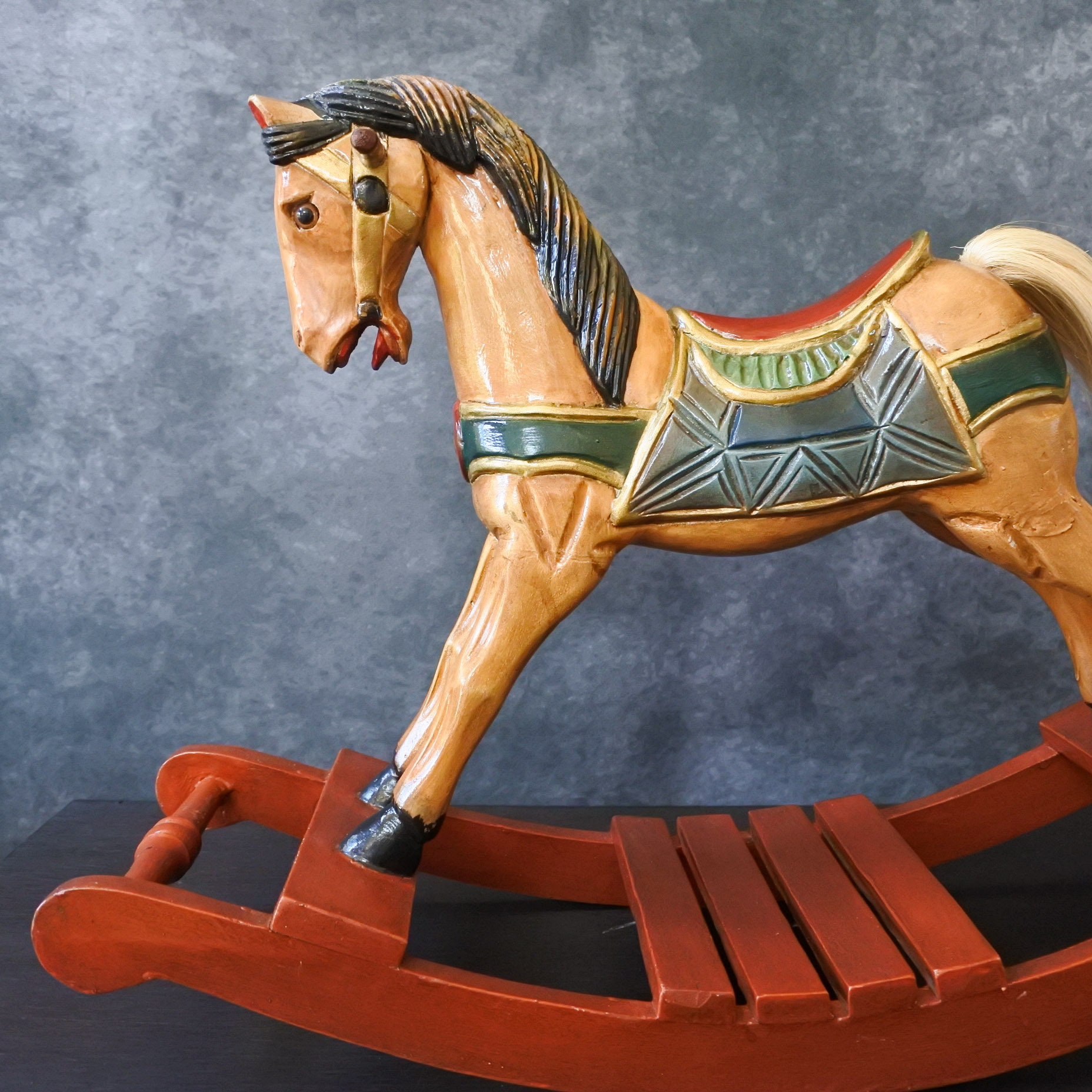 Vintage Hand Painted Carved Wooden Rocking Horse Ornament Decor Etsy
