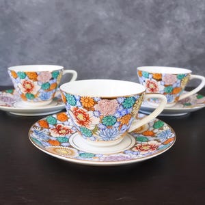 Vintage Japanese Hand Painted Kutani Floral Tea Cup & Saucer Set