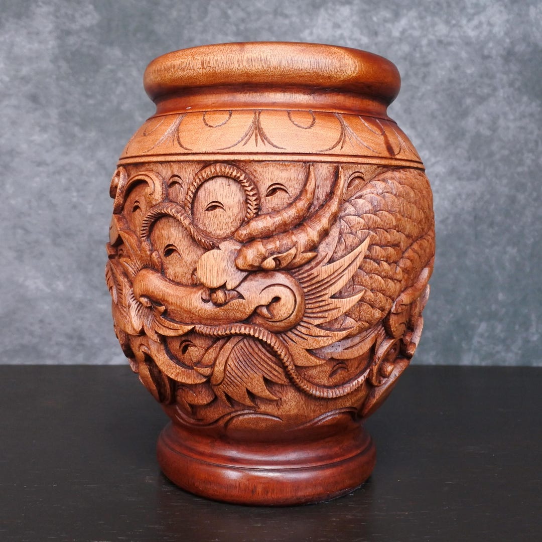 ヴィンテージ 木製 華やかな￼手彫り 鳥＆葉デザイン 花瓶 インサート