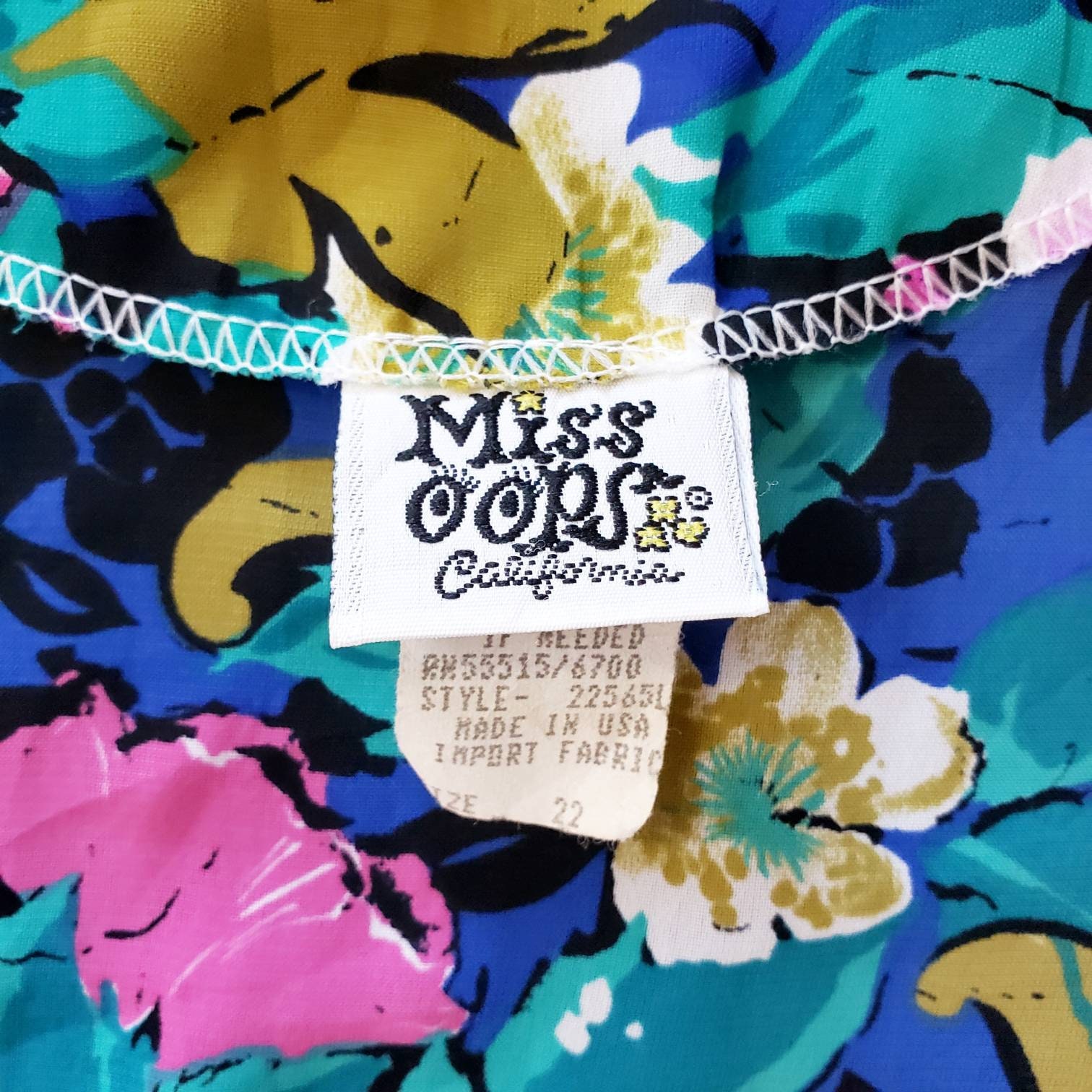 Vintage 80s Miss Oops California Floral Print Tunic Long Sleeve Top