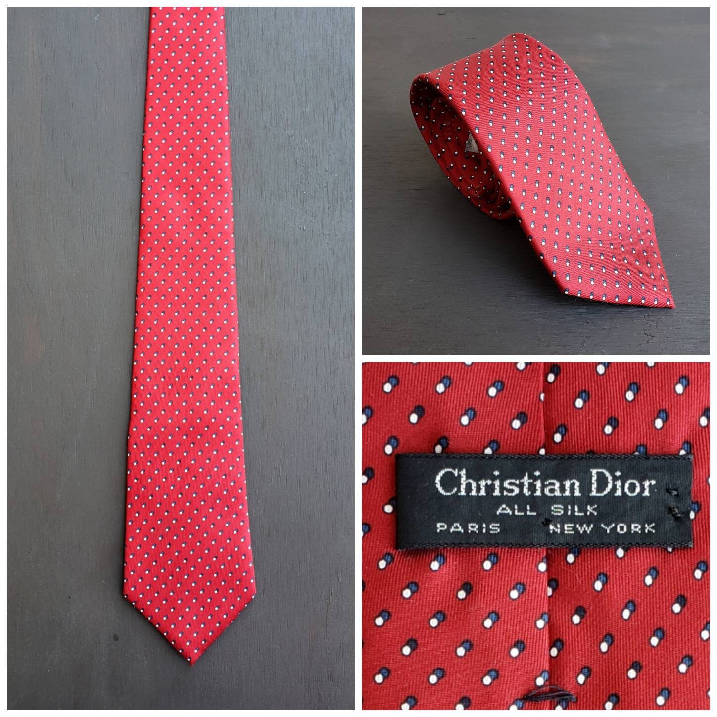 Vintage Christian Dior Designer 100% Silk Red Navy White Spot Mens