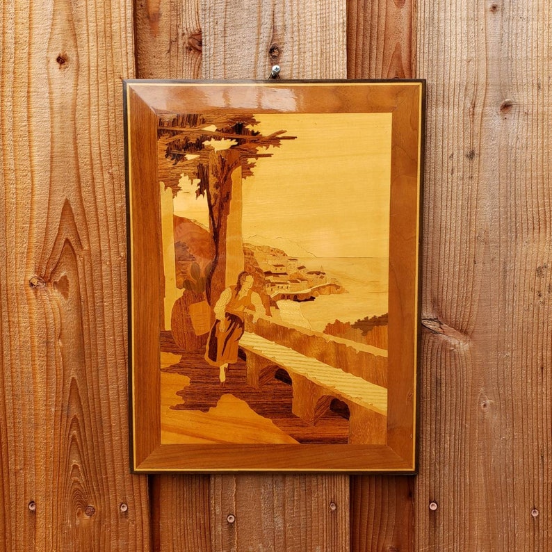 Vintage Handmade Wood Inlay Marquetry Italy Landscape Scene Wall Art, Wooden Artwork Wall Hanging image 1