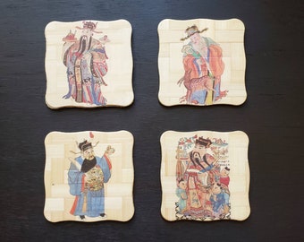 Vintage Japanese Square Bamboo Print Coaster Set of 4