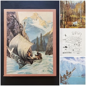 May include: A vintage illustration of a canoe with people paddling down a river. The canoe is decorated with a totem pole design. The background is a snowy mountain range.