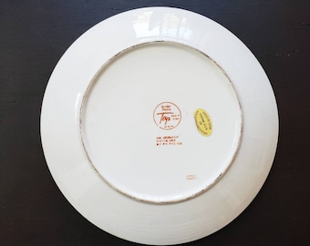 ヴィンテージ 東洋 手描き 花柄 大型 飾り皿 ピンク ブルー パープル
