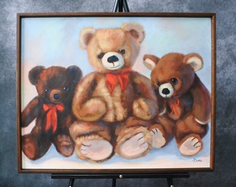 Vintage 30 "original firmado grande de madera enmarcado oso de peluche pintura al óleo arte de pared, arte de pared de habitación infantil hecho a mano