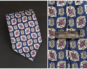 Vintage Valentino Designer Made in Italy 100% Silk Blue Purple Floral Print Men's Neck Tie