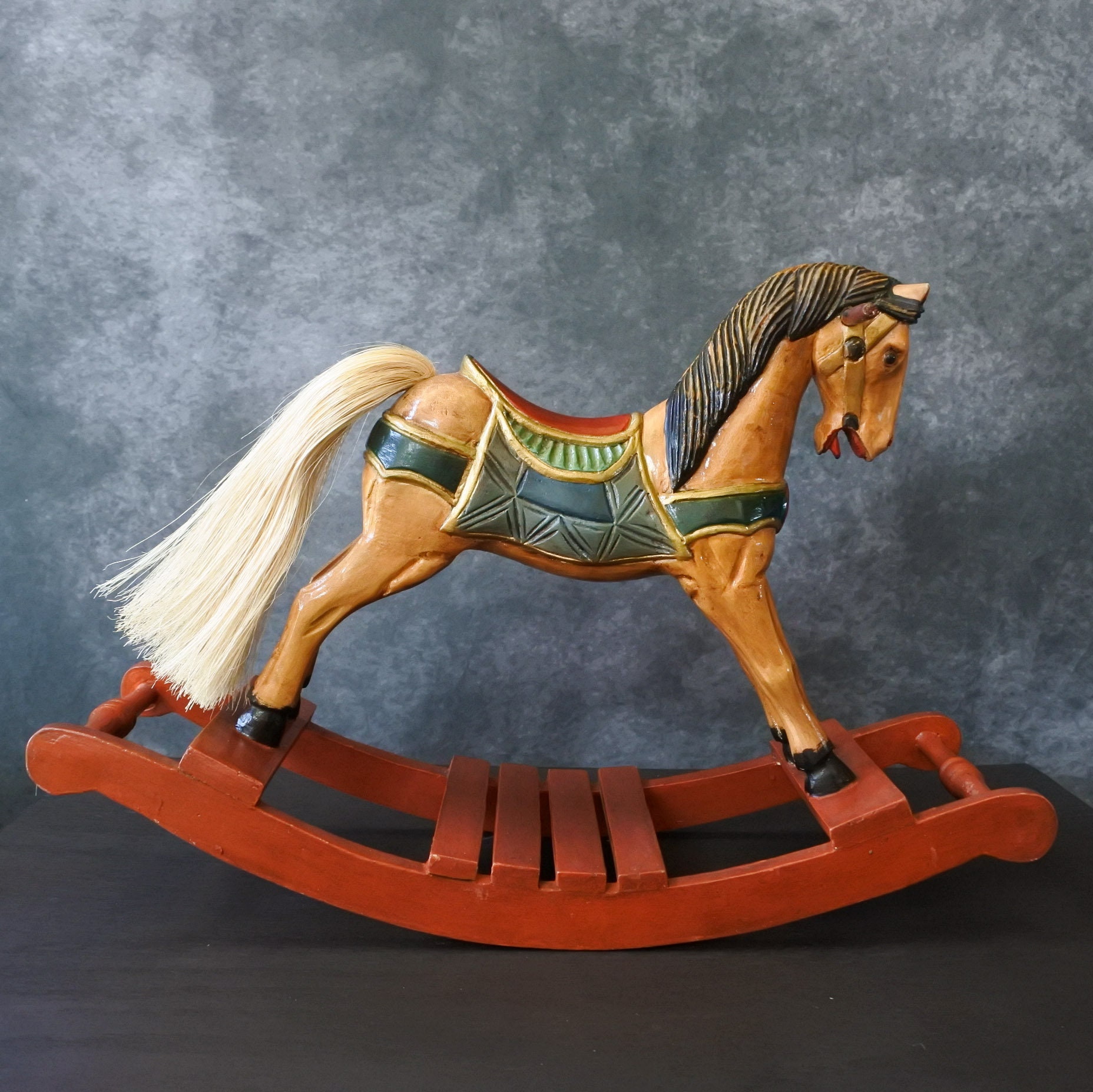 Vintage Hand Painted Carved Wooden Rocking Horse Ornament Decor Etsy