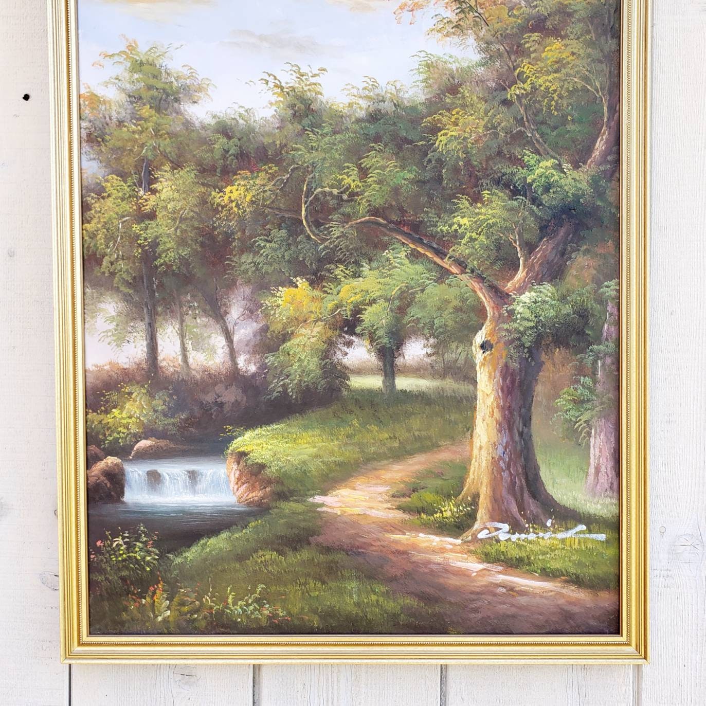 ヴィンテージ 38インチ オリジナル サイン入り 油絵 森林風景画 ヴィンテージ 38インチ オリジナル サイン入り 油絵 森林風景画