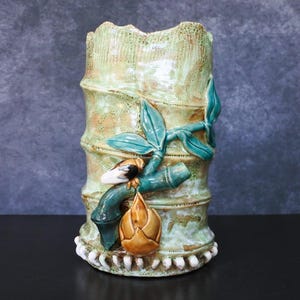 Vintage Japanese Ceramic Bamboo Cicada Insect Planter Pot