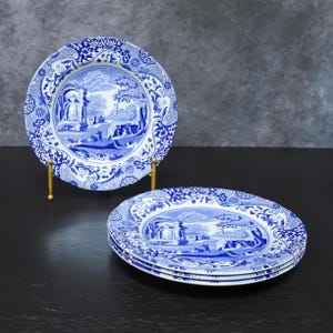 May include: A set of four ceramic plates featuring a blue and white transferware pattern. The design depicts a detailed landscape with architectural ruins, trees, and figures, surrounded by a wide, intricate floral and scrollwork border.