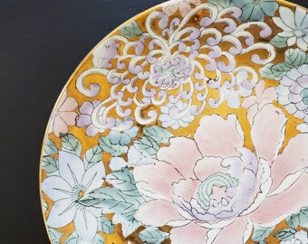 ヴィンテージ 東洋 手描き 花柄 大型 飾り皿 ピンク ブルー パープル