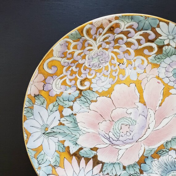 ヴィンテージ 東洋 手描き 花柄 大型 飾り皿 ピンク ブルー パープル
