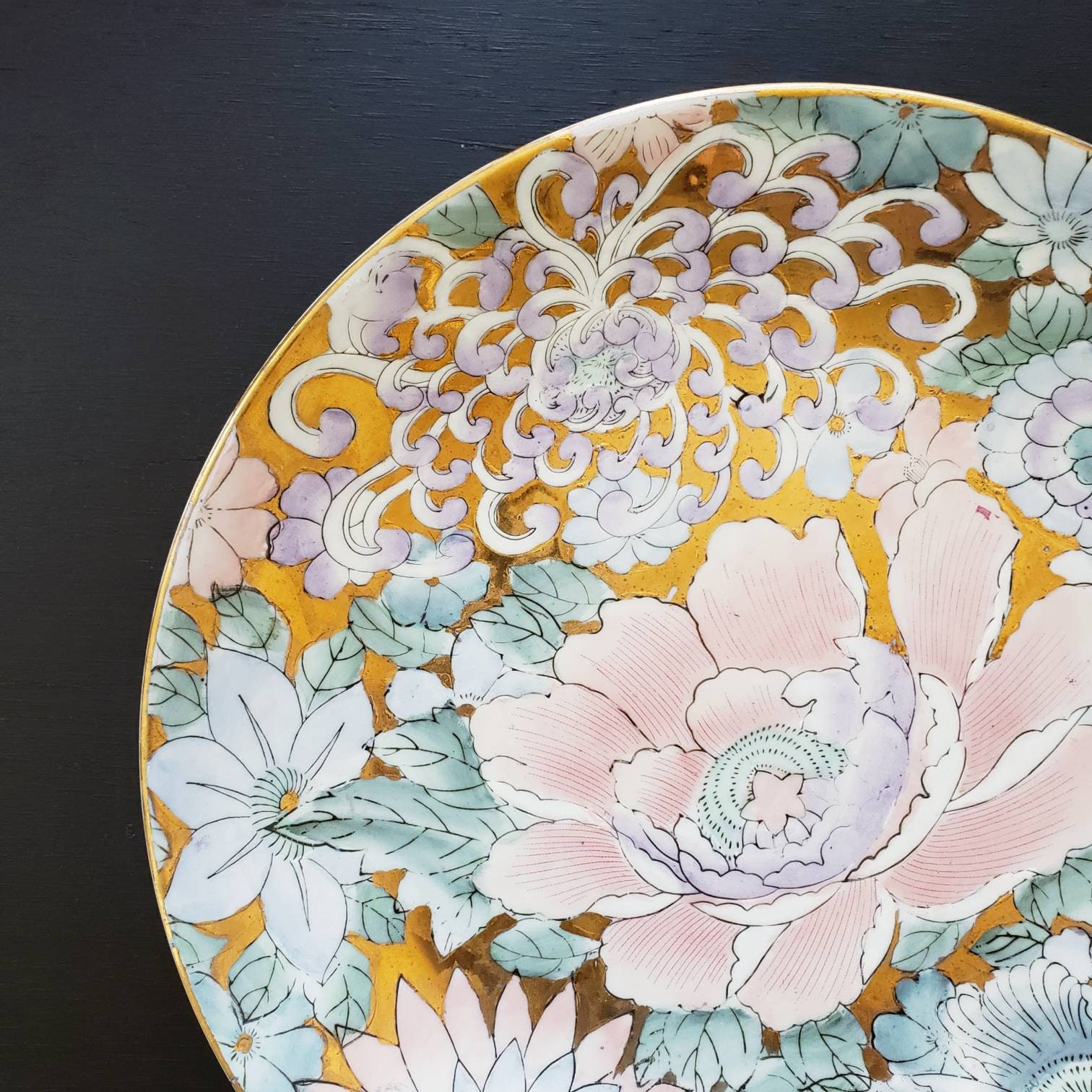 ヴィンテージ 東洋 手描き 花柄 大型 飾り皿 ピンク ブルー パープル