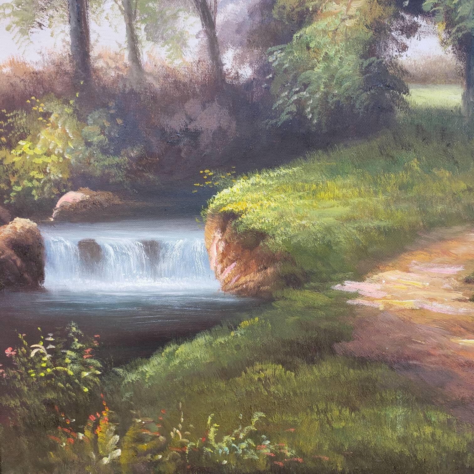 ヴィンテージ 38インチ オリジナル サイン入り 油絵 森林風景画 額入り