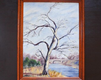 Pintura al óleo original enmarcada firmada vintage de paisaje impresionista con árboles
