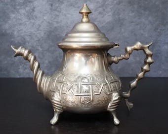 Vintage Moroccan Ornate Silver Plated Engraved Teapot