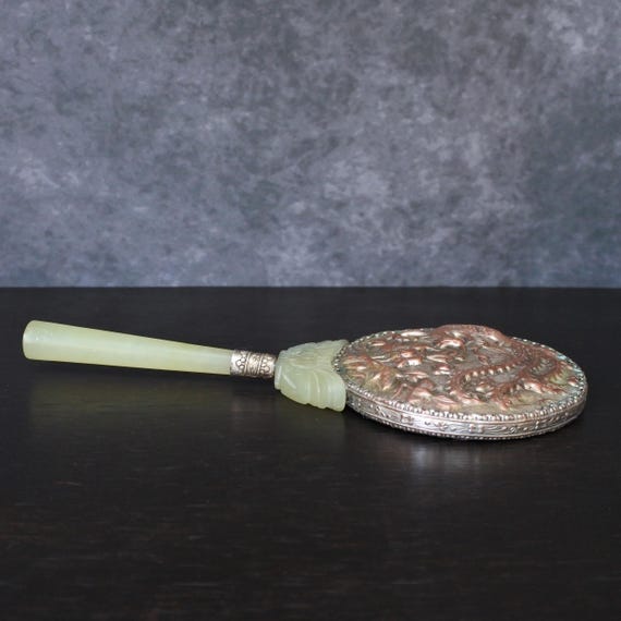 Vintage Old Chinese Celadon Jade Silver Copper Phoenix Hand Mirror