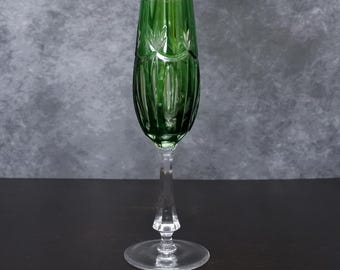 Vintage Akja Rene Green Crystal Cut to Clear Champagne Flute Wine Glass