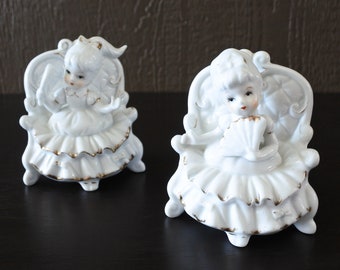 Vintage Mid Century Porcelain Girl 18th Century Dress Figurine Set