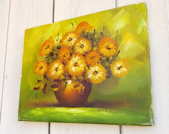 ヴィンテージ オリジナル サイン入り 油絵 花 オレンジ イエロー 花柄