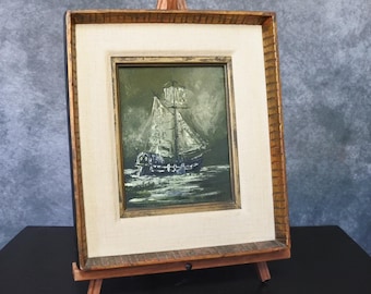 額入り20世紀の油絵 - 錨泊する帆船 オリジナルヴィンテージ