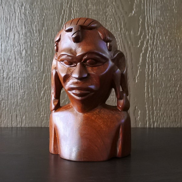 Vintage African Wooden Hand Carved Head Bust Man Sculpture Figure