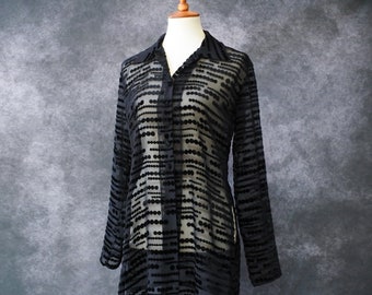 Vintage 90s Sagaie Paris Black Sheer Velvet Spot Long Sleeve Blouse Tunic Size L
