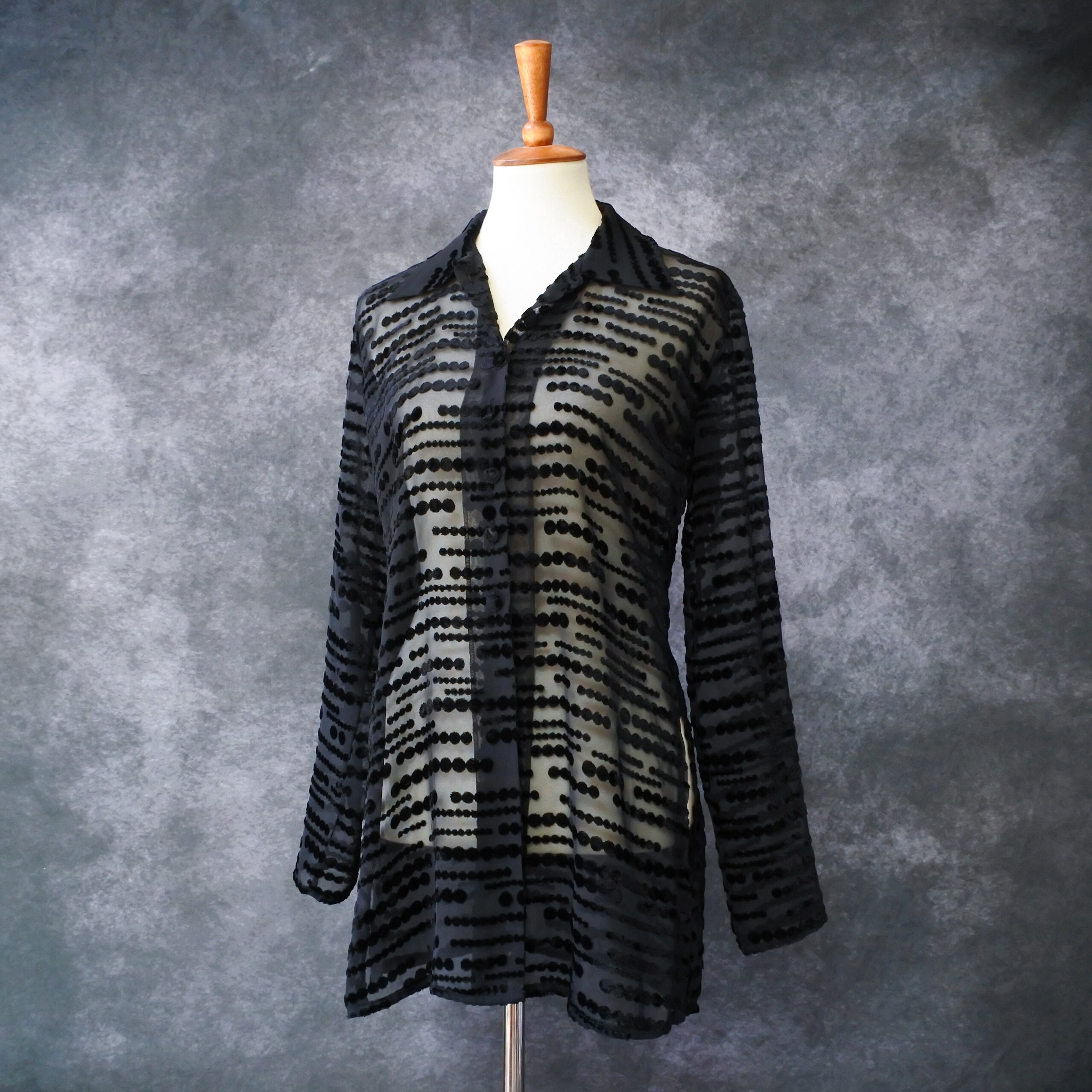 Vintage 90s Sagaie Paris Black Sheer Velvet Spot Long Sleeve Blouse Tunic Size L