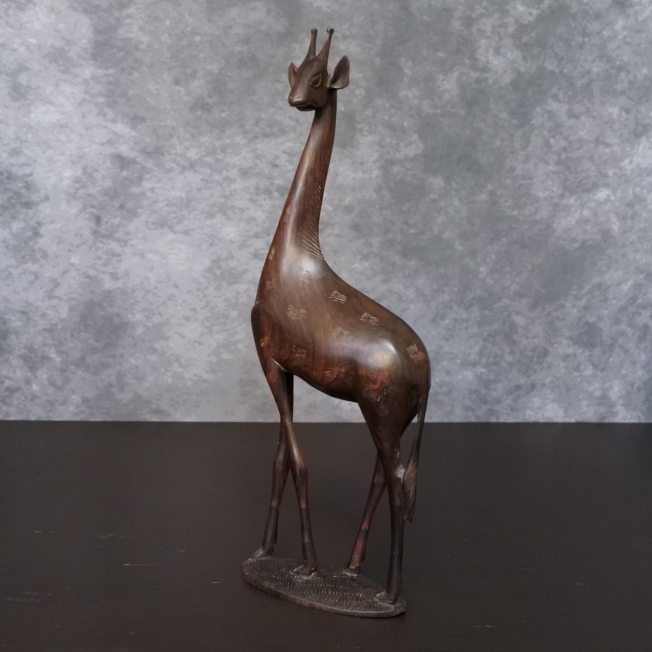 Vintage African Hand Carved Ebony Wood Giraffe Sculpture, Folk Art